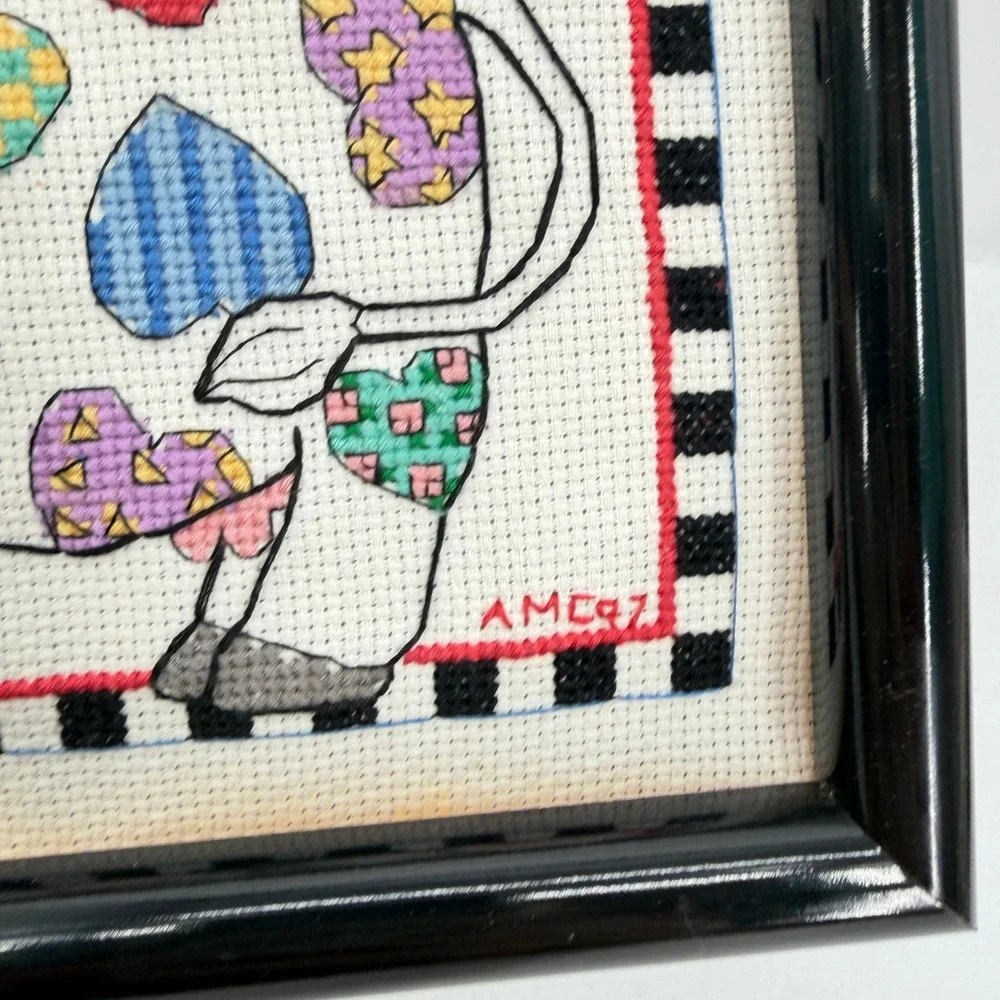 Framed Cross Stitch Patchwork Heart Cow Country Cottage Core Decor Folk Art